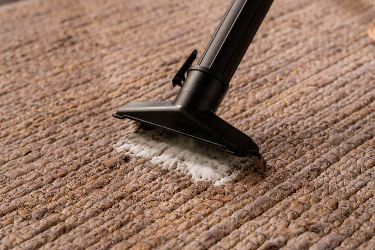 Close up view of someone vacuuming baking soda off of a rug
