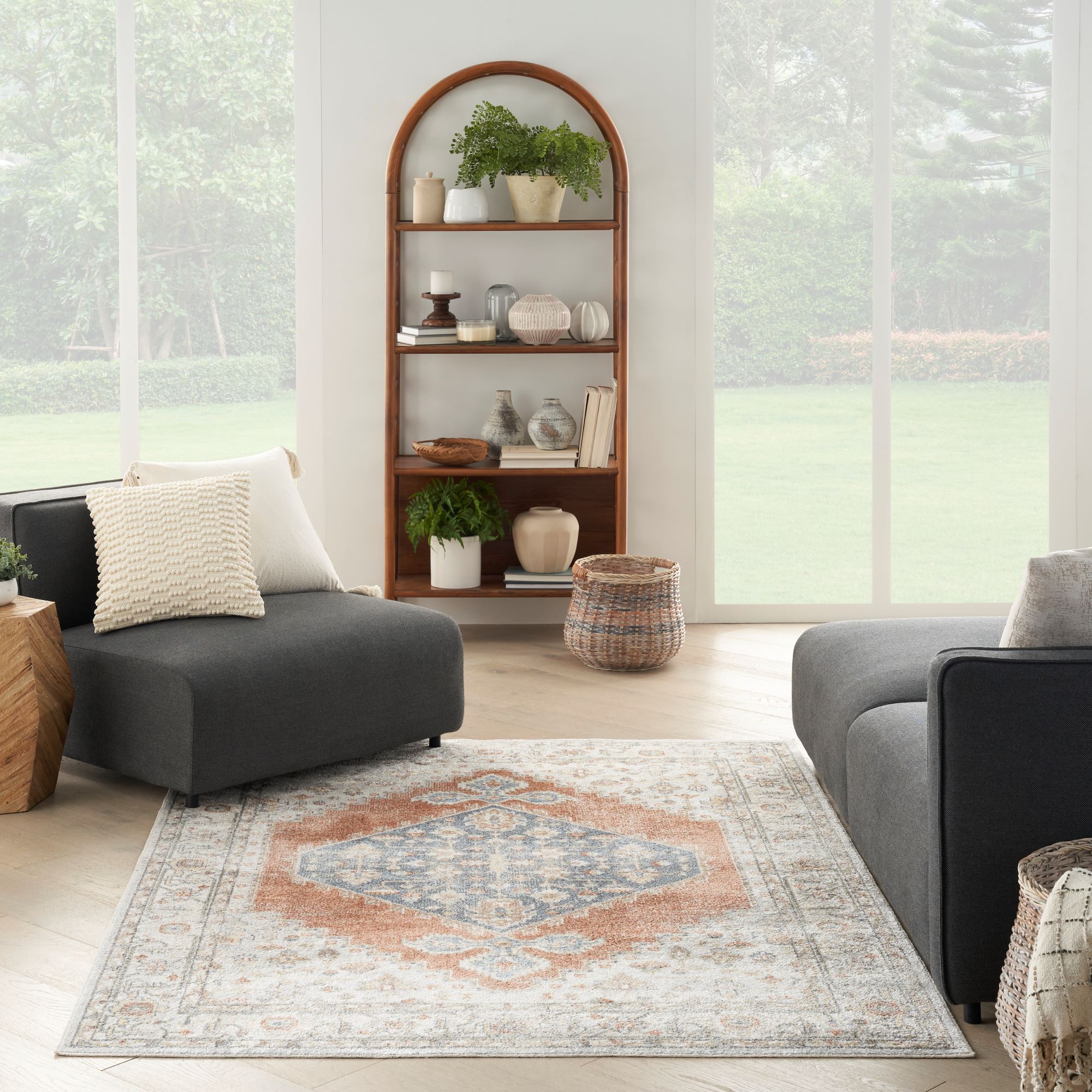 Persian-inspired washable rug in a mid-century style living room