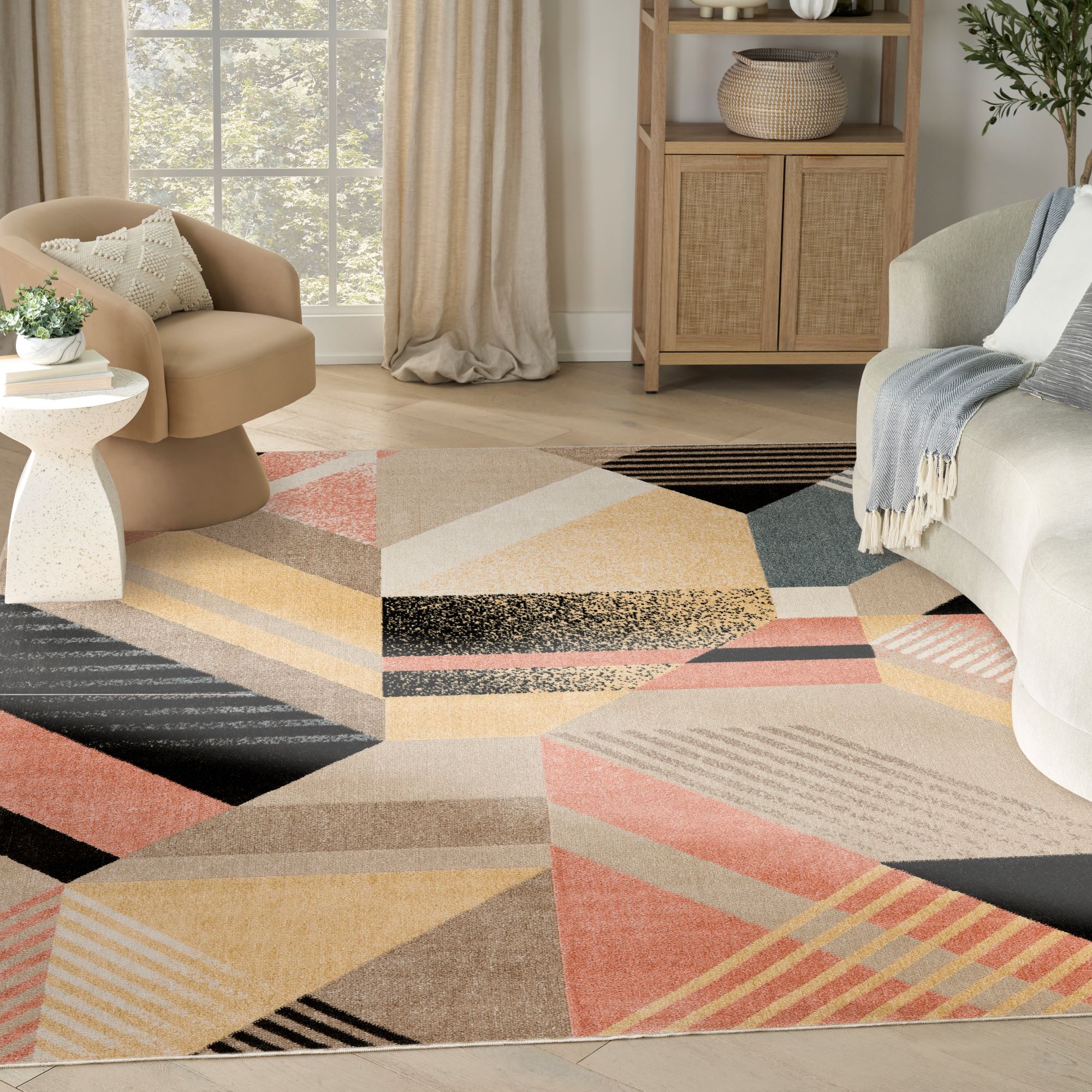 Mid-century style abstract geometric rug in a living room
