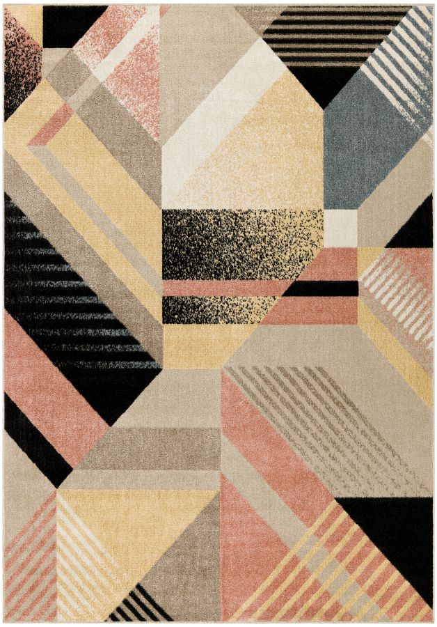 Washable mid-century modern rug in pink and butter yellow