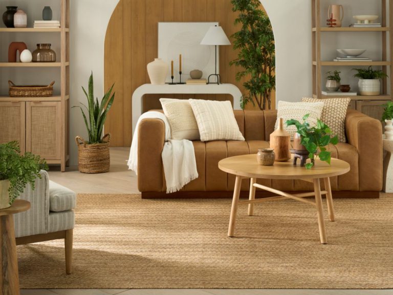 Earthy neutral living room with a neutral rug