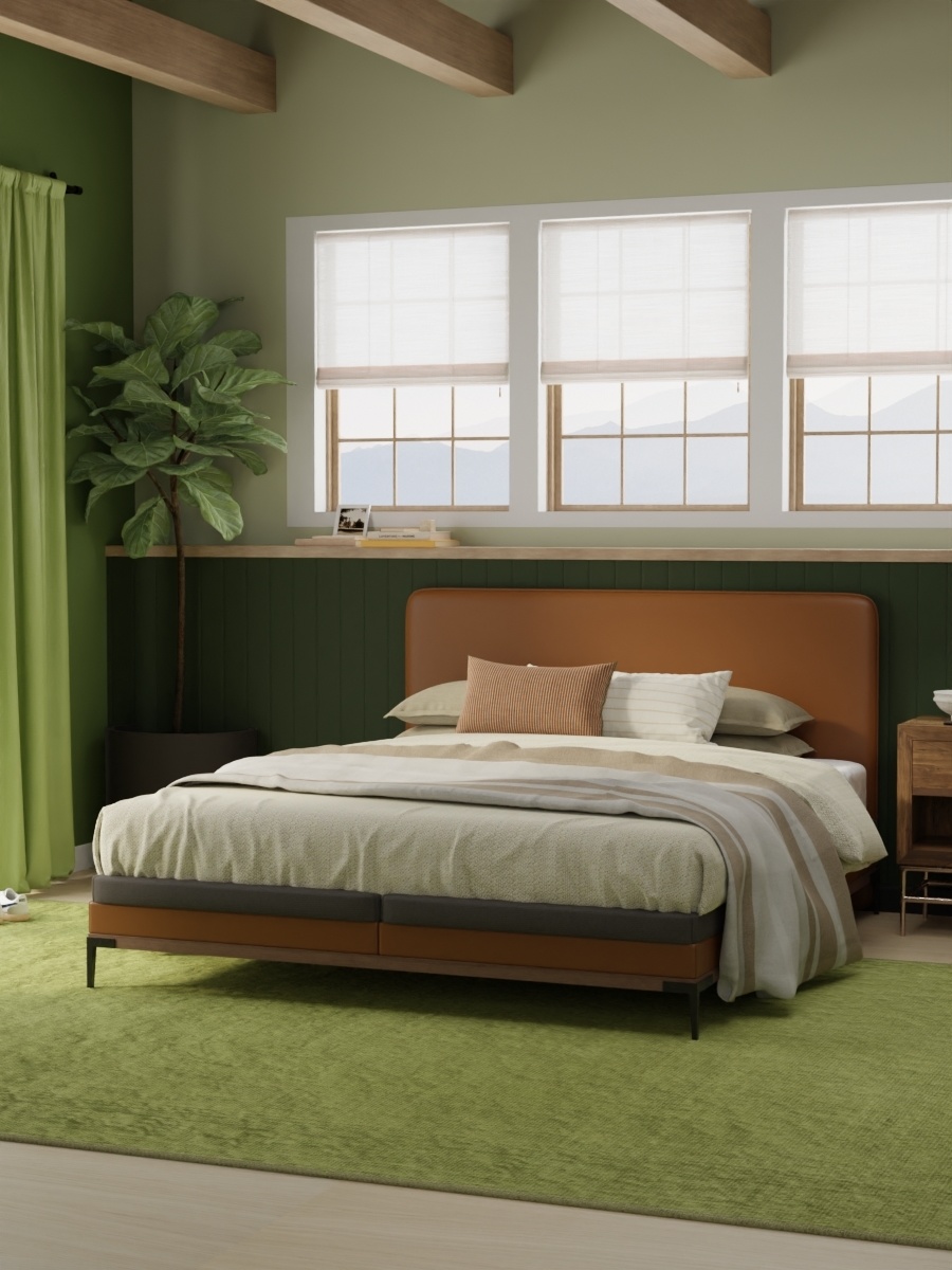 Bedroom featuring a mix of deep and light pickle green accents, plus a bright green indoor/outdoor rug