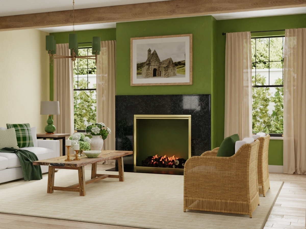 Living room featuring a pickle green accent wall and beige washable rug
