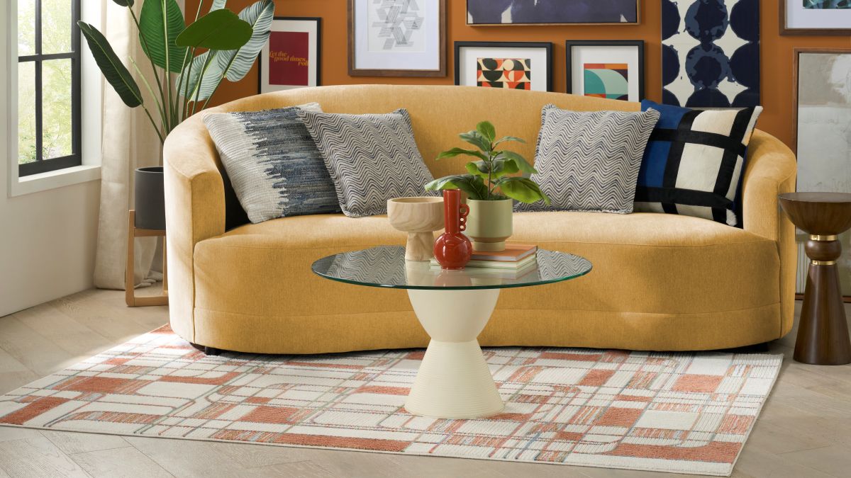 Living room featuring a curved sofa, curved furniture, and a retro rug