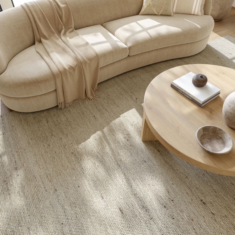 Overhead view of a beige living room with textured rug