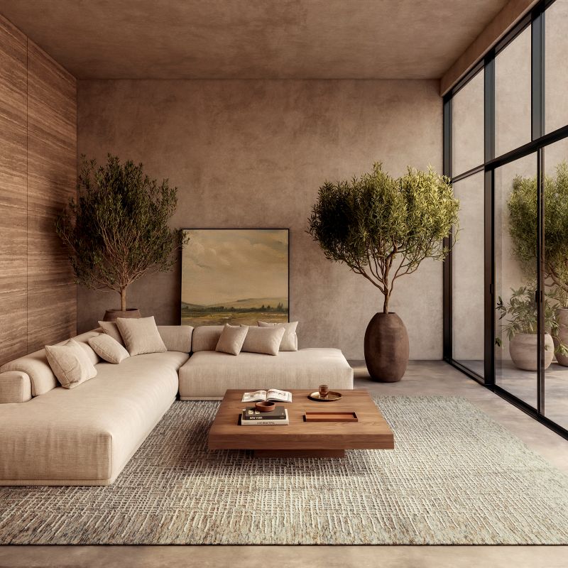 Modern living room with a textured, hand-tufted abstract wool rug 