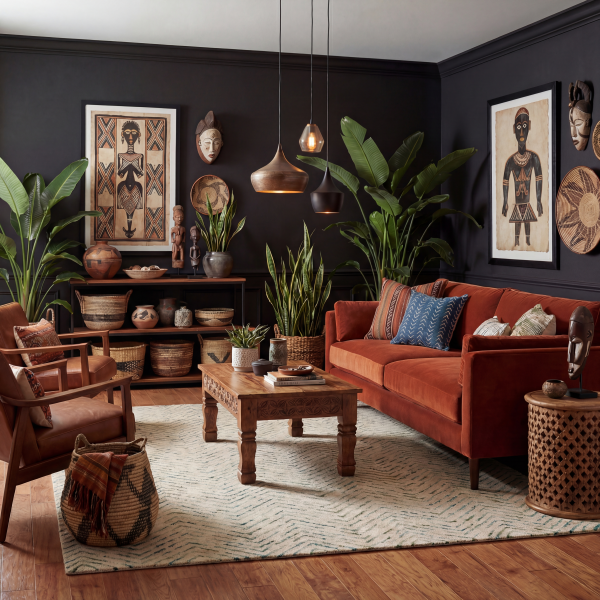 Afro bohemian living room with an abstract chevron rug