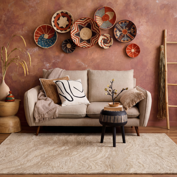 Afro-inspired bohemian living room with an abstract wool rug