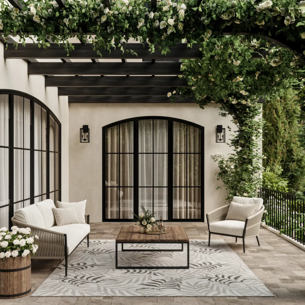 Outdoor patio seating area with a grey botanical indoor/outdoor area rug under a rope sofa and armchair, beneath a flower-covered pergola.