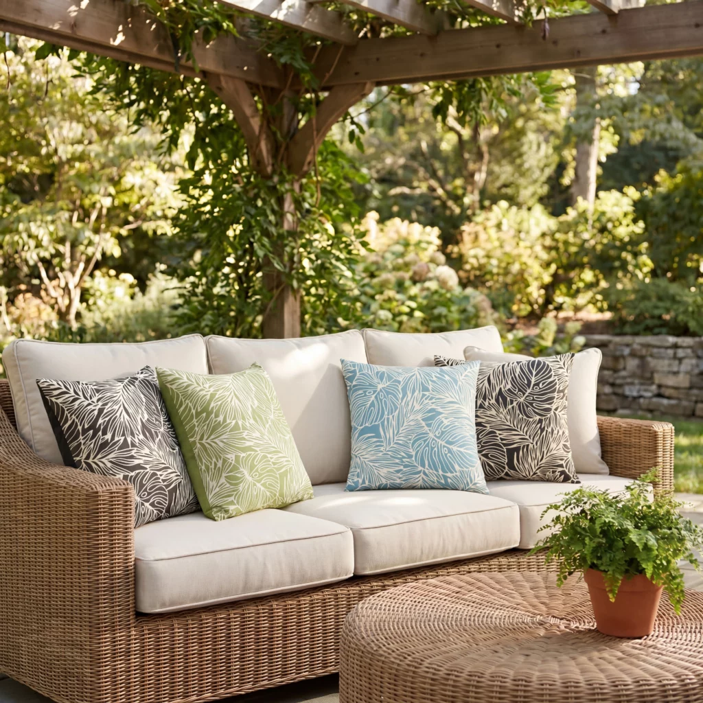 Mina Victory turquoise 18 by 18 indoor outdoor throw pillows on a wicker sofa in a garden patio with climbing plants and warm evening light
