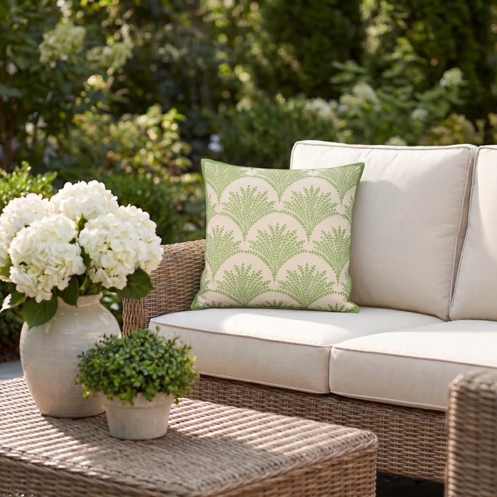 Mina Victory lime green fan-print 18 by 18 outdoor pillow on a wicker sofa with white hydrangeas and a rattan side table