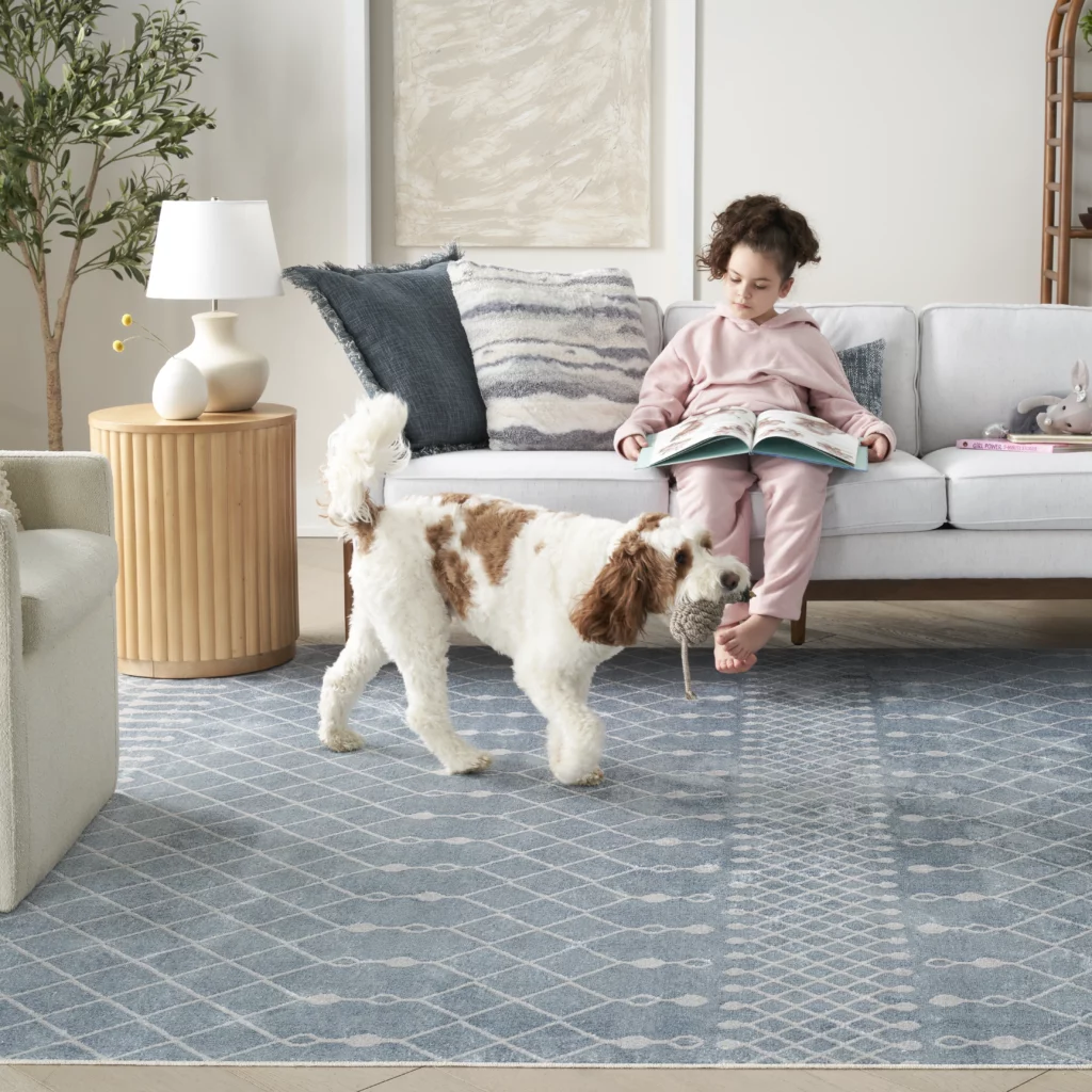 Child reading on a light gray sofa with a brown and white spaniel playing on the Nourison Astra ASW10 Blue 8x10 area rug in a bright, casual living room