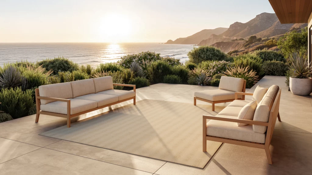 Nu Sisal broadloom rug in a coastal open-air patio with teak sofa and armchairs, Pacific Ocean and mountains visible in the background at sunset