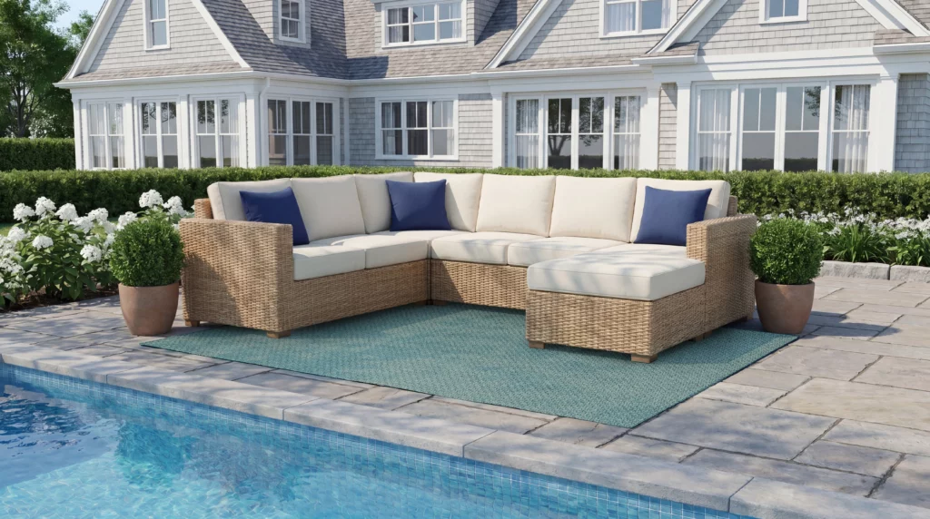 Nourison Wherever Sisal Craftworks aqua broadloom rug under a full outdoor sectional sofa beside a backyard pool with navy accent pillows
