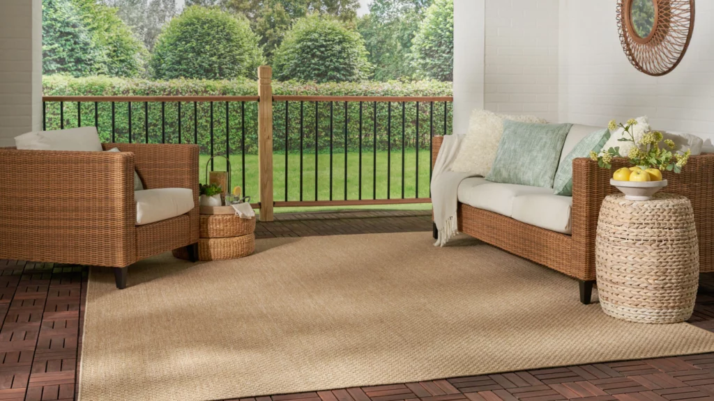 Nourison Tulum TLM03 taupe flatweave indoor outdoor rug on a covered porch with a wicker sofa, throw pillow, and garden view