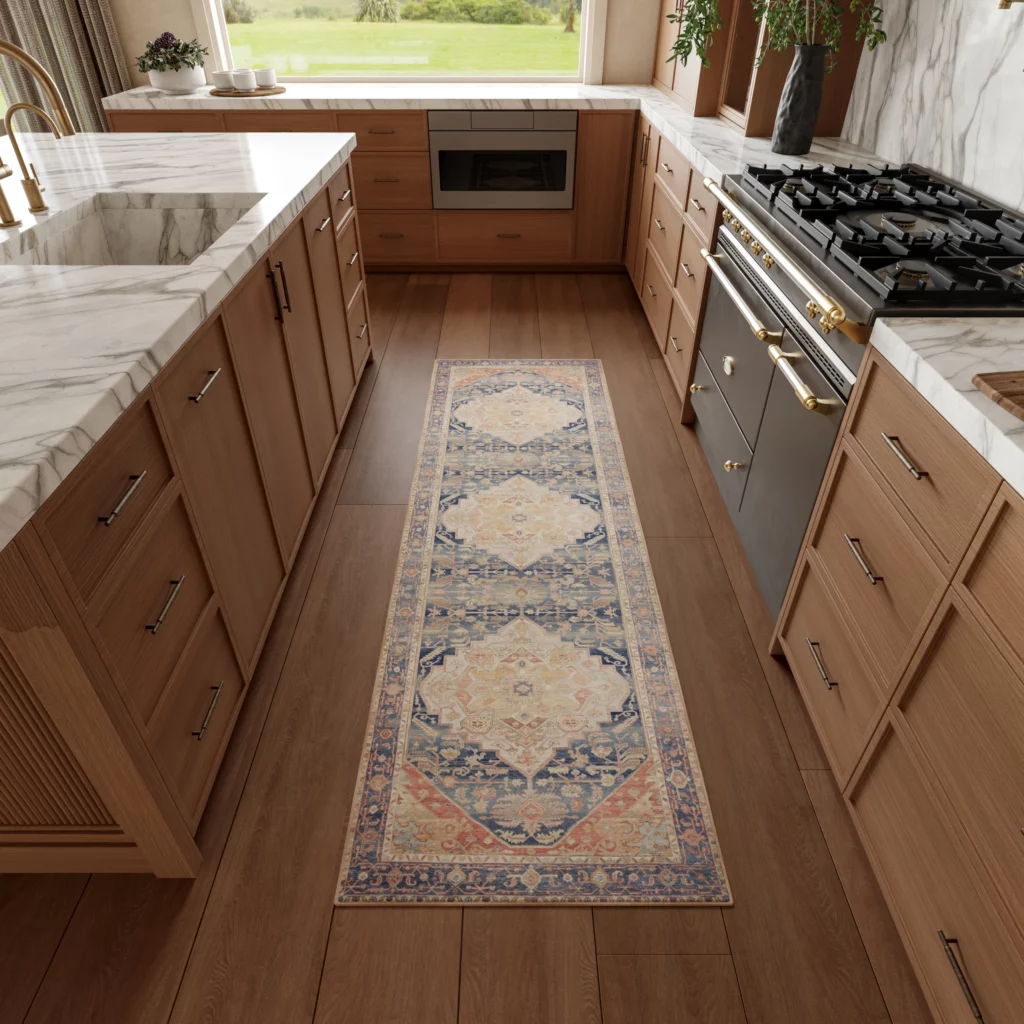 Nourison Vintage Washables VWS13 Blue Coral 2x8 runner with a distressed Persian medallion pattern centered on dark hardwood floors between warm wood cabinetry and marble countertops in a luxury kitchen