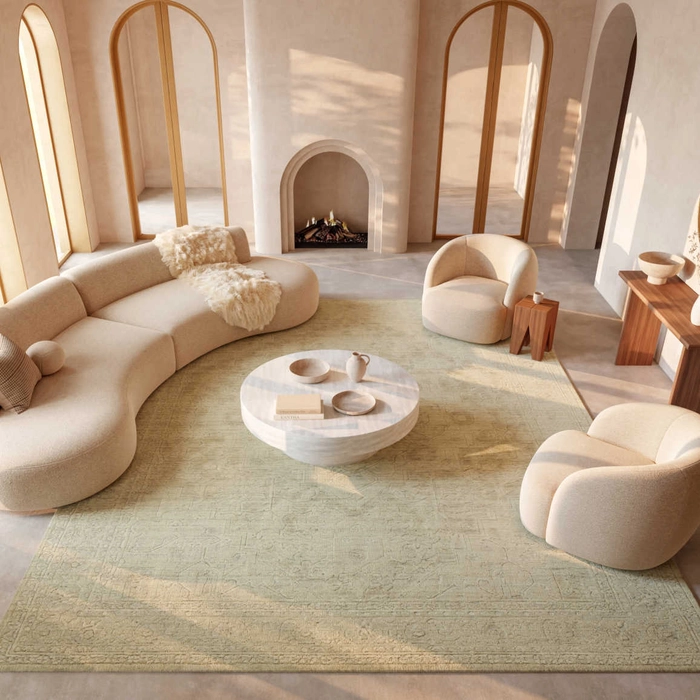 Ravello RVL02 ivory grey area rug in a bright living room with arched windows, curved cream sofa, and marble coffee table