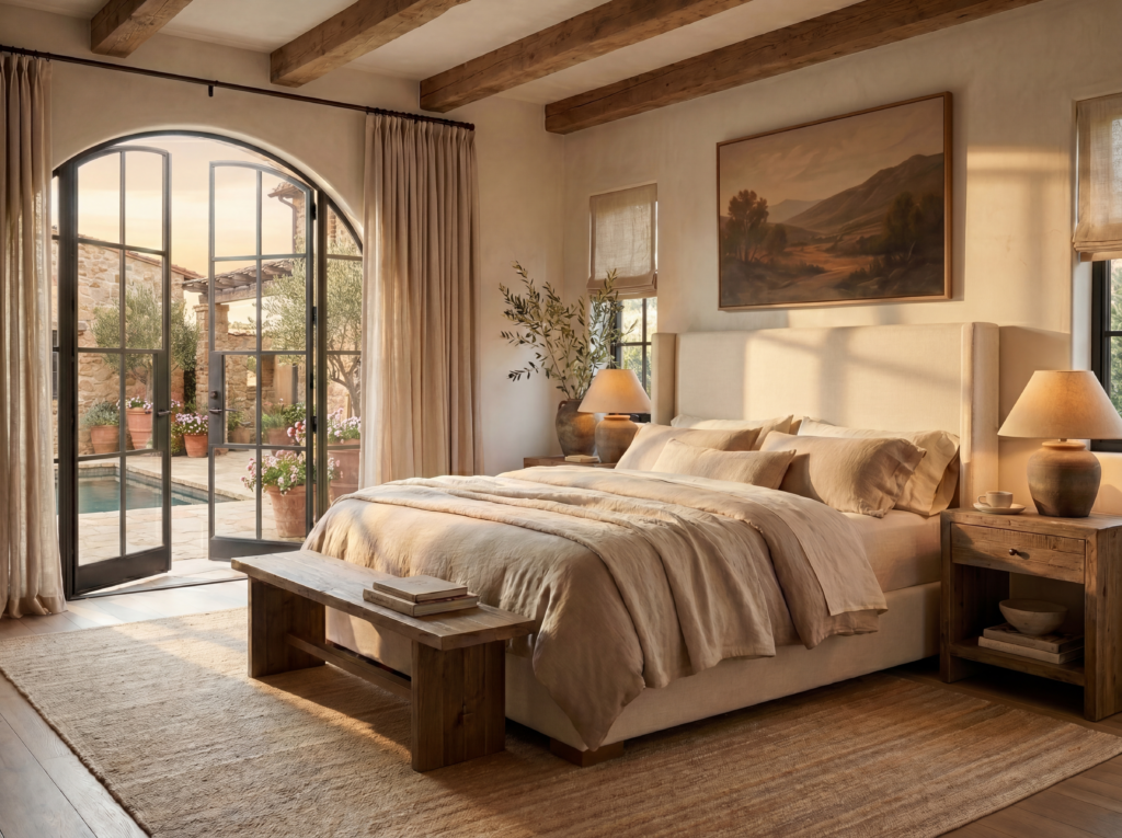 Alanna ALN01 rug in ivory in a modern Tuscan bedroom with natural linen bedding, a wood bed frame, and an arched terrace door