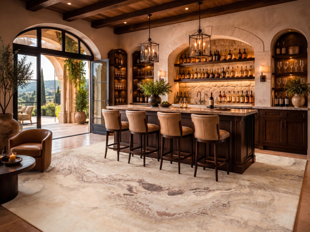 Christopher Guy CGS35 rug in abstract ivory and warm brown tones in a modern Tuscan wine bar with stone arches and pendant lighting