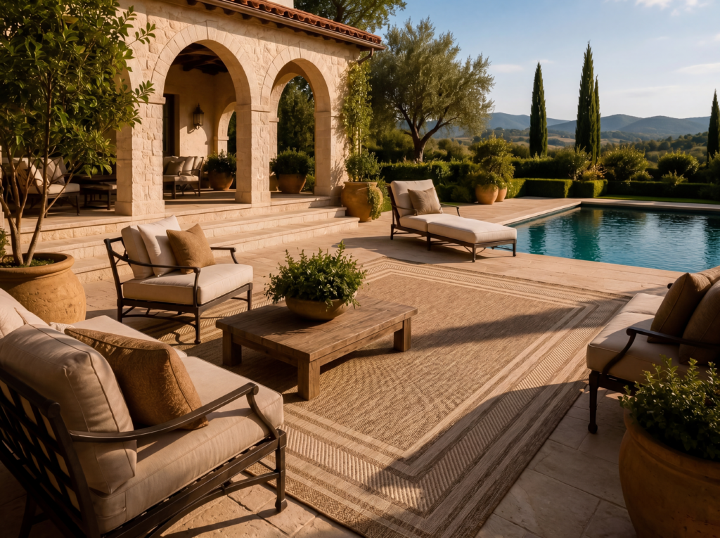 Horizon HOZ03 outdoor rug on a stone terrace beside a pool with iron seating, terracotta urns, and Italian cypress trees