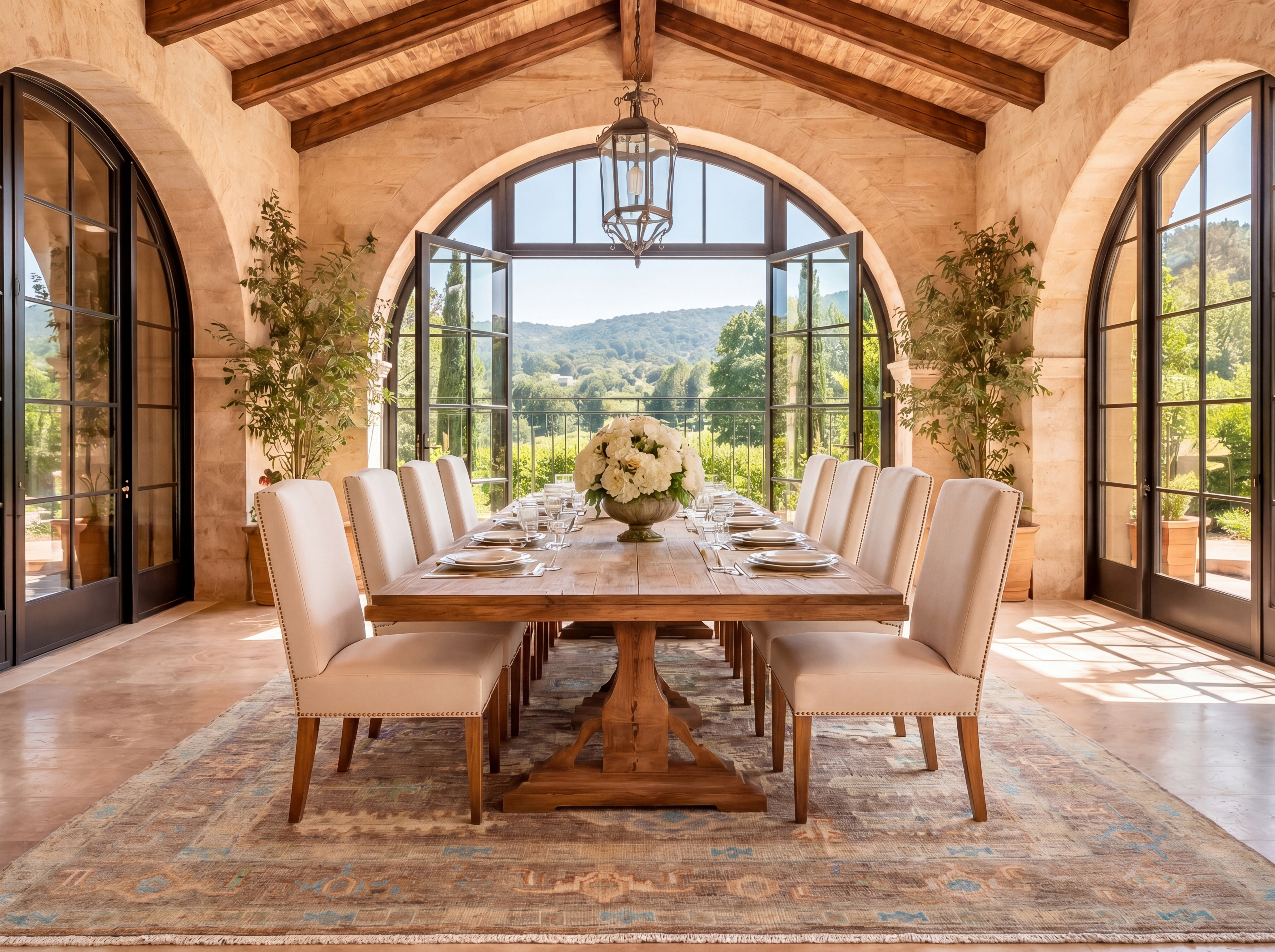 Odessa ODS01 rug in ivory and muted blue beneath a long wood dining table in a modern Tuscan dining room with arched windows