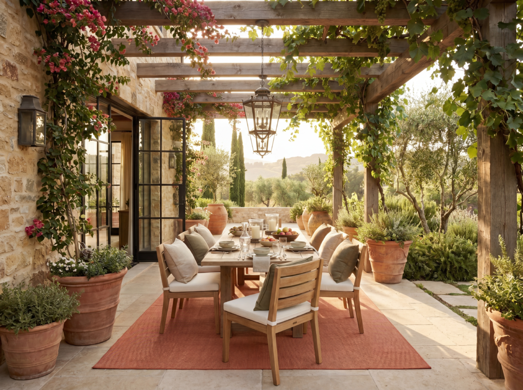 Positano POS01 terracotta outdoor rug under a teak dining table on a pergola terrace with bougainvillea and terracotta pots