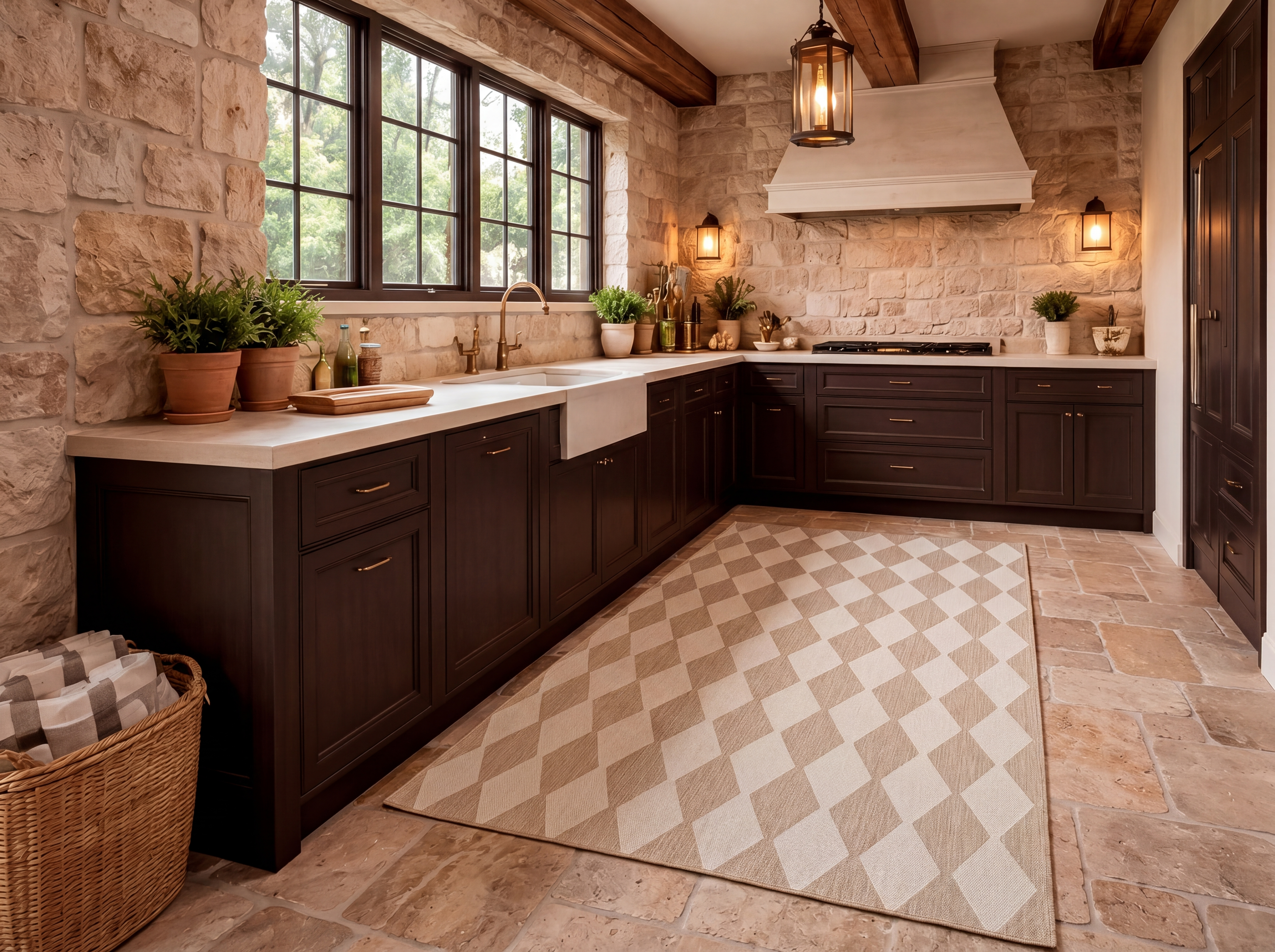 Positano POS04 geometric runner rug in taupe and ivory in a modern Tuscan kitchen with stone walls and dark cabinetry