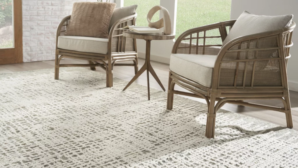 Ivory and grey textured wool area rug with a geometric dot pattern in a sunlit sitting room with two rattan armchairs and a wooden side table