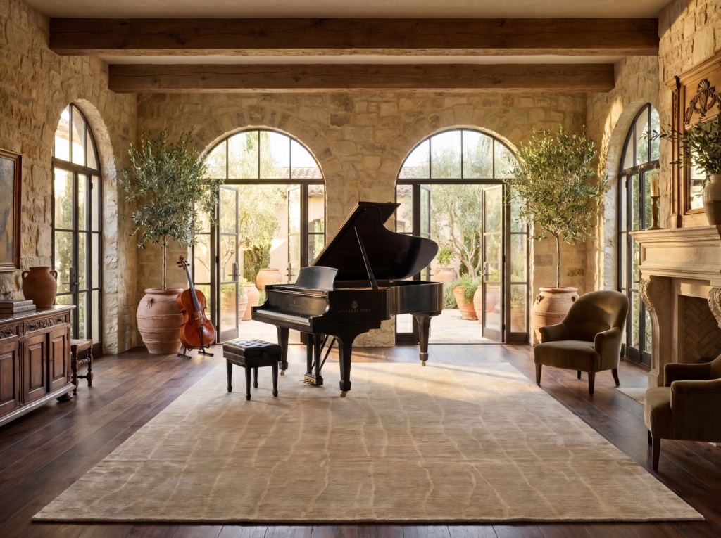 Shore Silk SHO01 rug in ivory in a modern Tuscan music room with stone walls, arched steel windows, and an olive tree