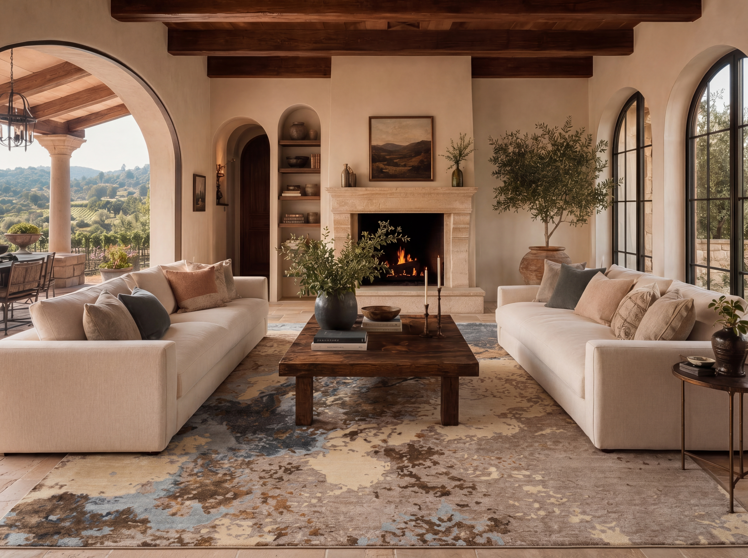 Silk Shadows SHA23 rug in an abstract ivory and warm blue colorway in a modern Tuscan living room with a stone fireplace and linen sofas