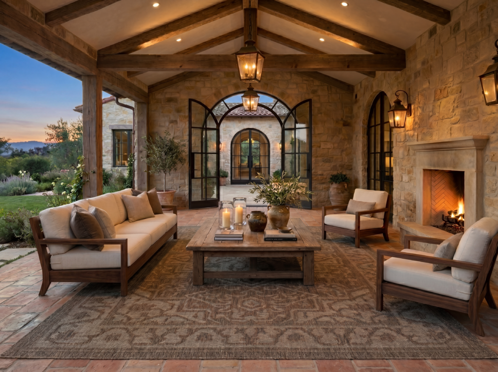 Tulum TLM05 outdoor rug on a covered Tuscan terrace with exposed beam ceiling, stone walls, and low seating at dusk