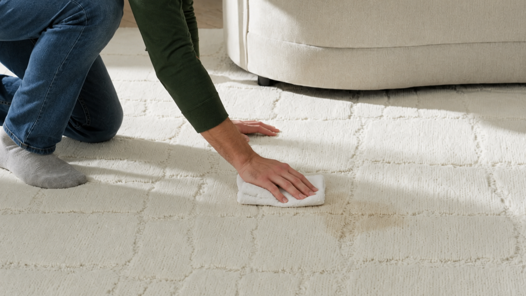 Person kneeling on the floor blotting a stain on an ivory wool area rug with a white cloth next to a cream sofa