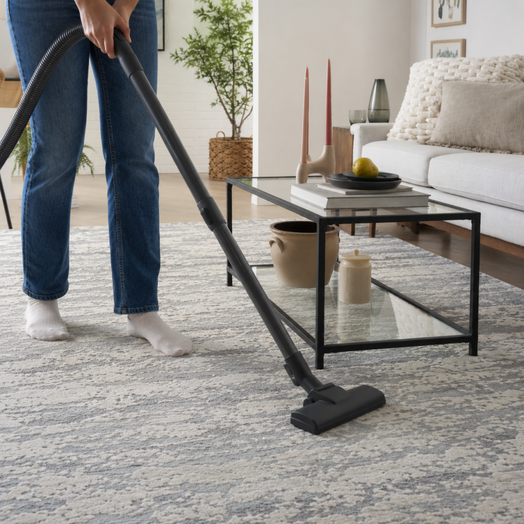 Person vacuuming a grey and ivory patterned wool area rug in a modern living room with a glass coffee table