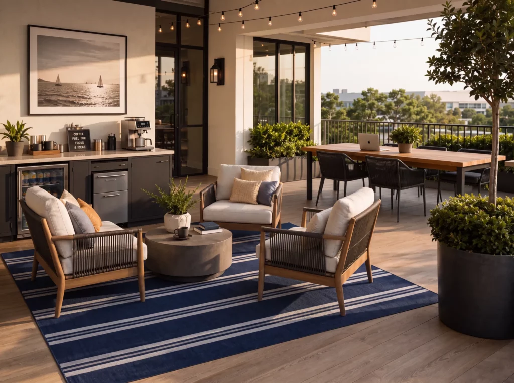 Outdoor coworking terrace with lounge seating, a coffee bar, and a Horizon Indoor/Outdoor HOZ05 Navy area rug in 6' x 9'.