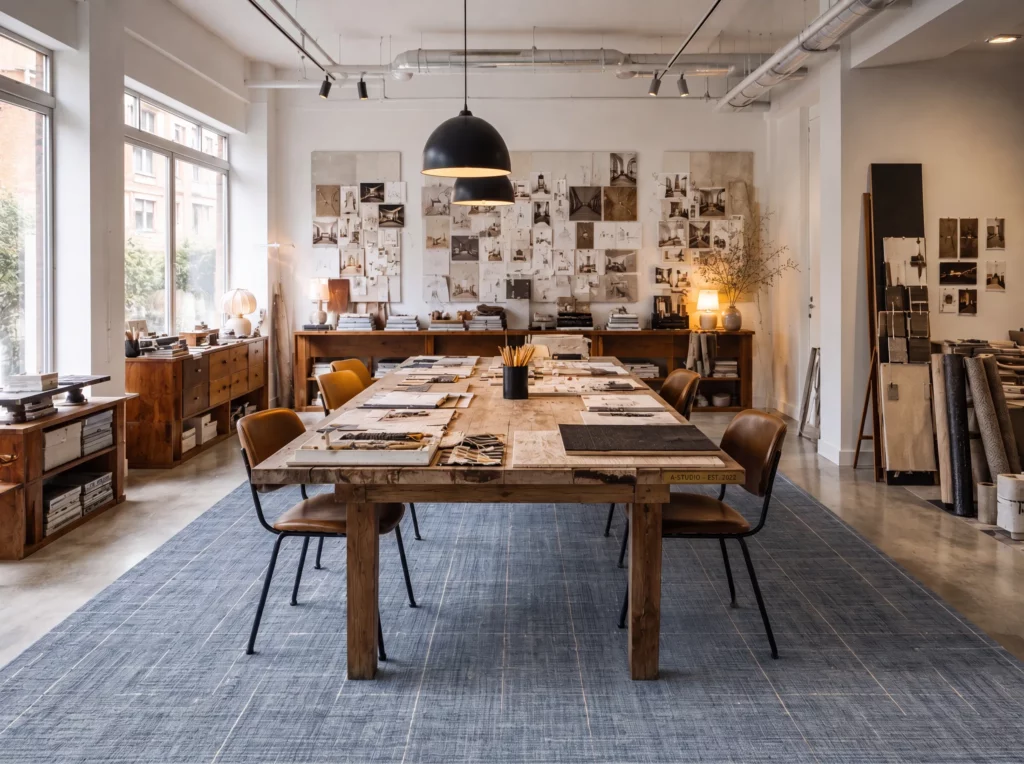 Creative design studio with a large communal worktable, material samples, and a CK041 Architectura ACT01 Denim area rug in 8'6" x 11'6".