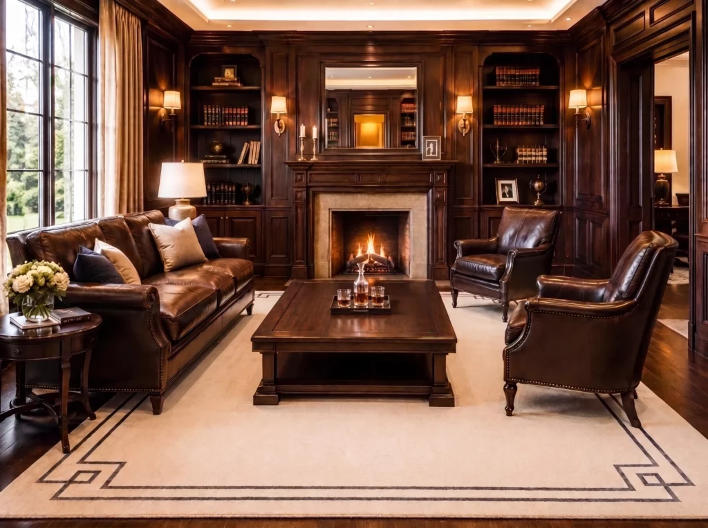 Wood paneled law firm lounge with a fireplace, leather sofa and chairs, and a Christopher Guy Wool and Silk CGS10 Mediterranean Sand rug.