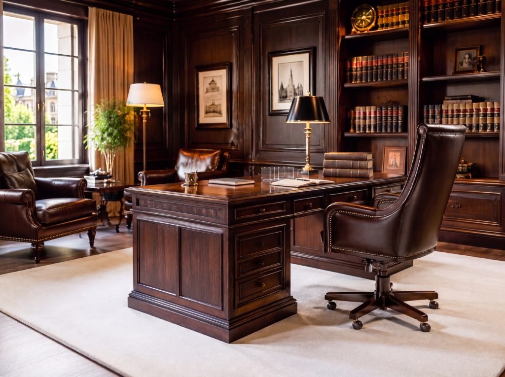 Wood paneled law firm private office with a dark wood executive desk, leather chairs, and a Plush Cloud Ivory 8x10 area rug.