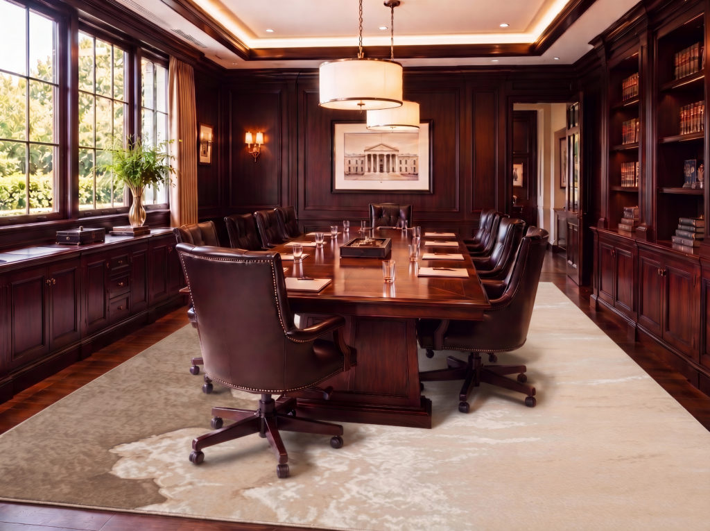 Wood paneled law firm boardroom with a long conference table, leather chairs, and a Christopher Guy Wool and Silk Collection CGS38 Sand area rug in 8x10.