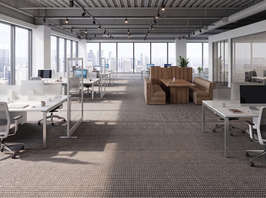 Open plan office workstations and a walnut booth seating area on Mayfair Dot Iron broadloom carpet, with floor to ceiling city views.
