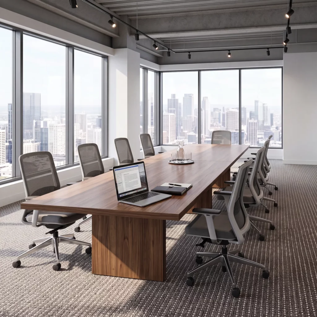 Corner conference room with a walnut boardroom table, mesh office chairs, floor to ceiling windows, and Mayfair Dot Iron broadloom carpet.