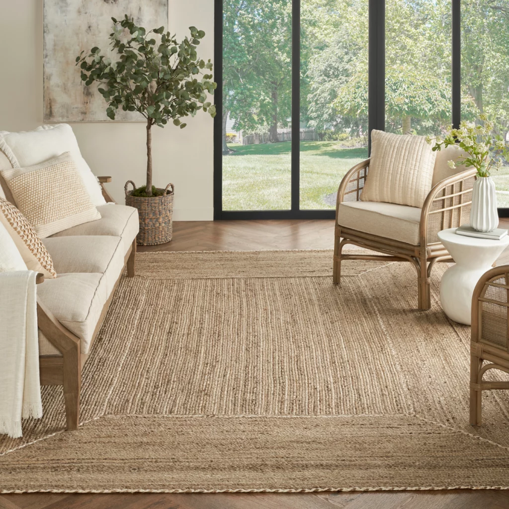 Natural grey jute area rug with a bordered design styled in a bright living room with a cream sofa, rattan accent chairs, and floor-to-ceiling windows overlooking a garden