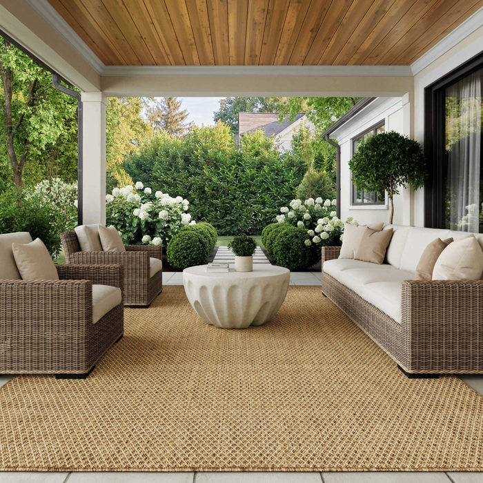 Jute-look outdoor area rug styled on a covered porch with wicker sectional seating, cream cushions, a sculptural white coffee table, and a lush garden backdrop with hydrangeas and topiary