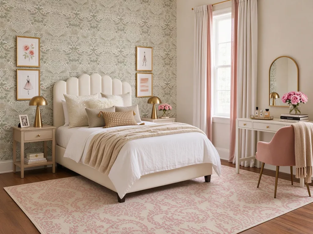 Ivory and pink damask area rug in a feminine dorm room with a scalloped cream bed, floral mural, and gold vanity mirror