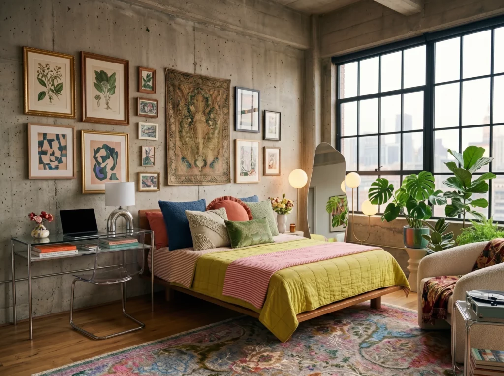 Maximalist loft dorm room with a pink multicolor floral rug, dense gallery wall, chartreuse quilt, and glass desk