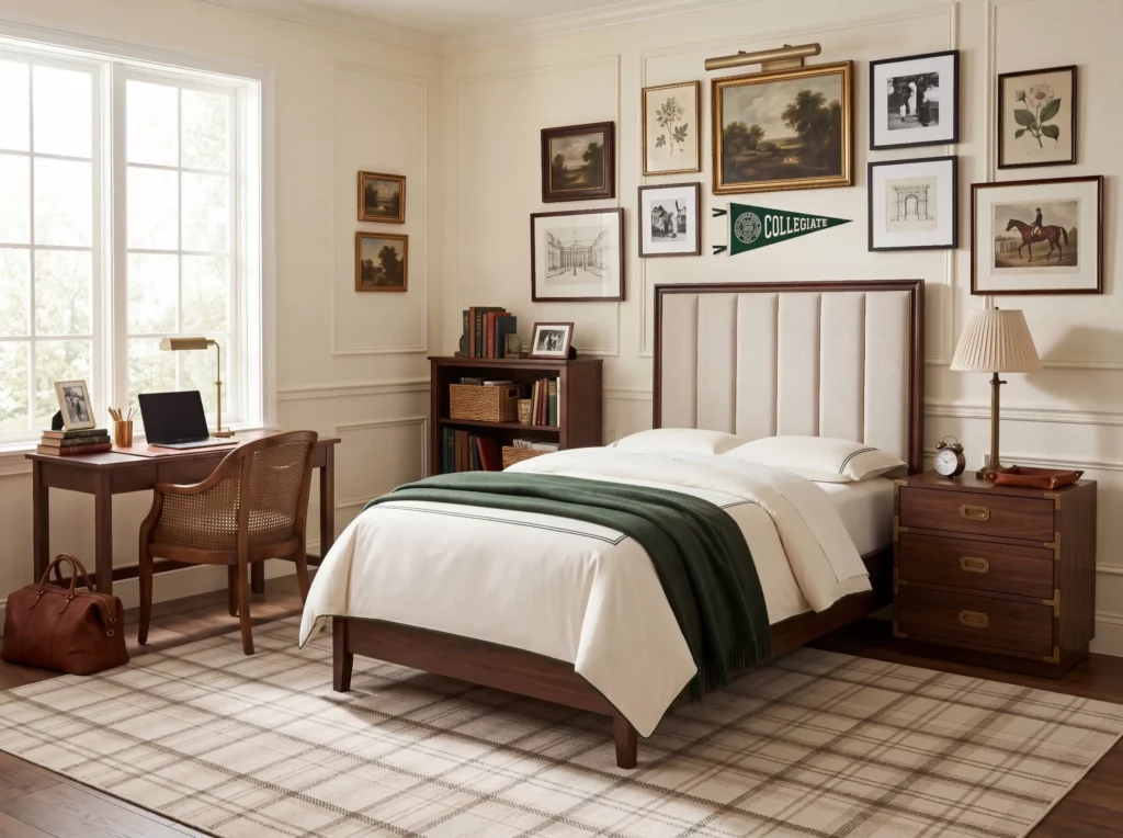 Ivory and beige plaid area rug in a collegiate dorm room with a cream upholstered bed, walnut desk, and framed gallery wall