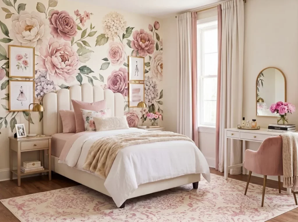 Ivory and pink damask area rug in a feminine dorm room with a scalloped cream bed, floral mural, and gold vanity mirror