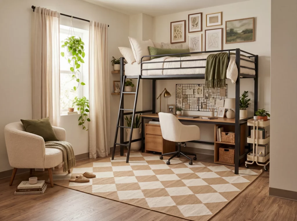Beige and ivory checkered diamond jute rug in a neutral dorm room with a lofted bed, wood desk, and trailing pothos plants