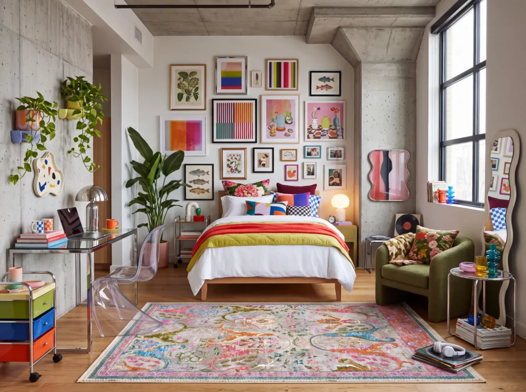 Pink multicolor floral area rug in a maximalist dorm room with a gallery wall, green velvet chair, and colorful bedding