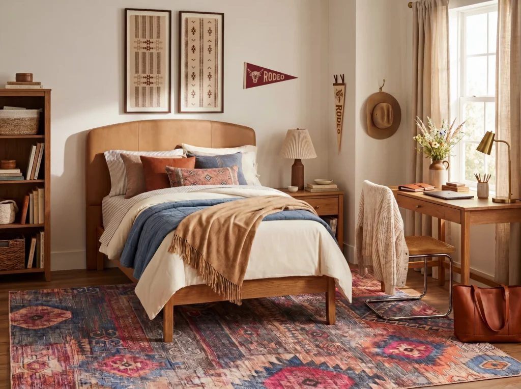 Multicolor Persian medallion area rug in a western dorm room with a tan leather bed, rodeo pennants, and a felt hat on the wall