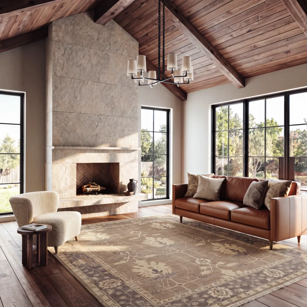 Aldora ALD03 Opal/Grey rug with a leaf and vine pattern in warm brown and ivory, in a living room with a stone fireplace and leather sofa.
